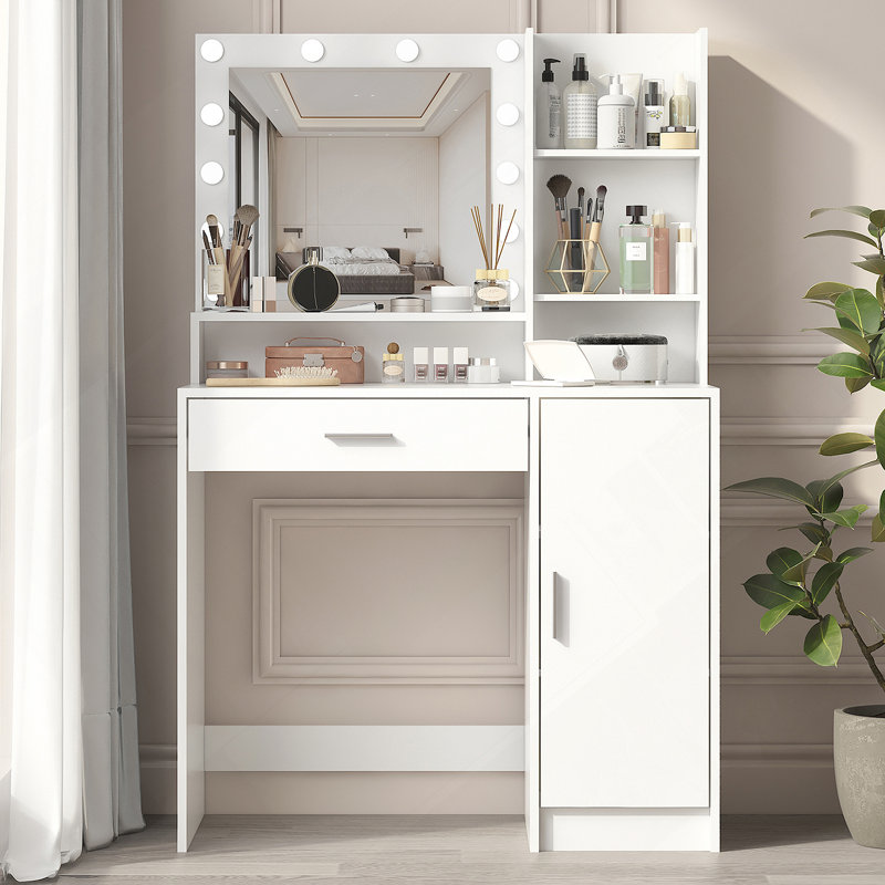 Vanity Desk With Mirror And Adjustable Lighting, Three-Level Storage Dresser For Organized Bedroom Makeup Routine, White