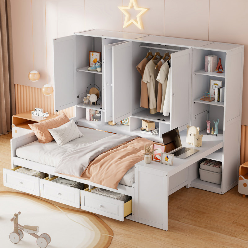 Wooden Daybed With Three Drawers, And All-In-One Cabinet, Desk And Shelves, White, Full