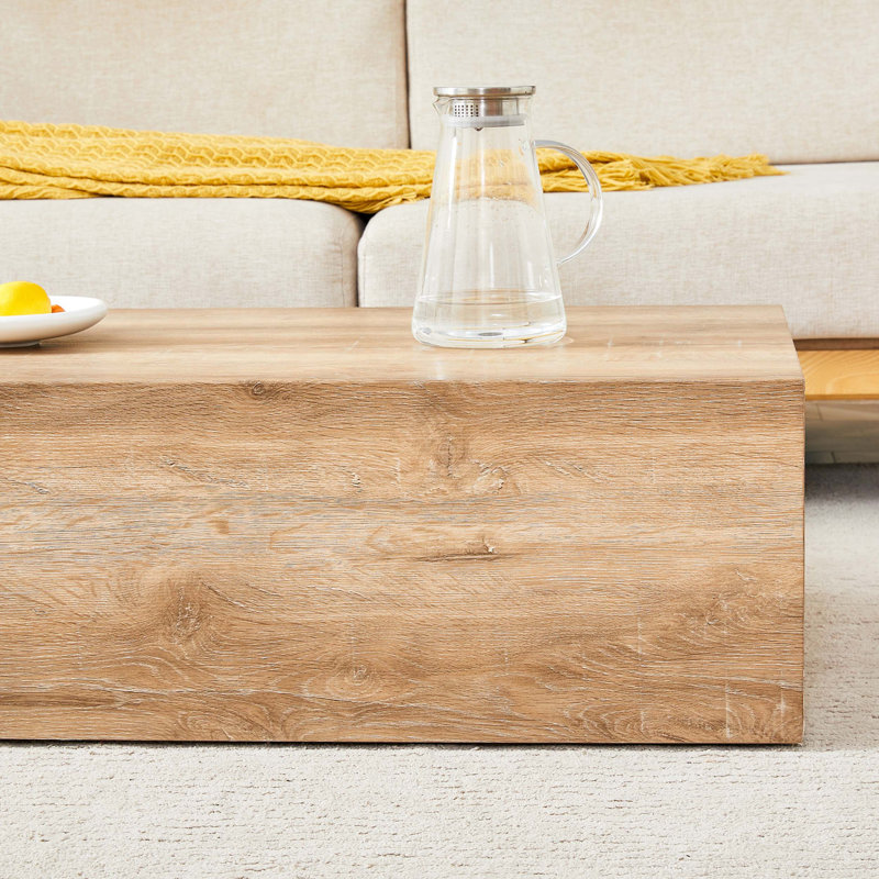 Table basse moderne en bois aggloméré avec une texture de grain de bois naturel, une finition lisse, une fabrication robuste et une conception prête à l'emploi pour l'élégance du salon.