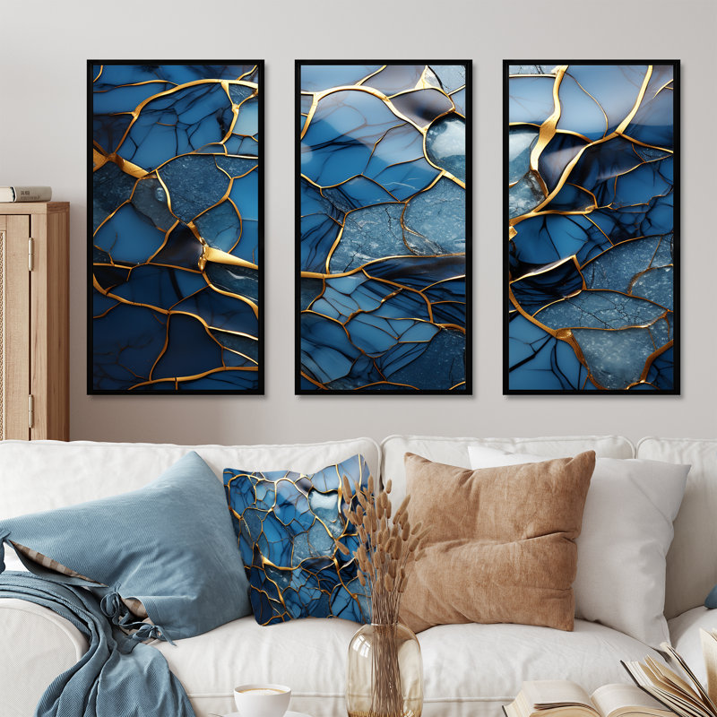 «Gold and Blue Marble Mosaic Agate III», reproduction d'art murale abstraite, H 28 po x l 36 po x P 1 po, Cadre flottant noir