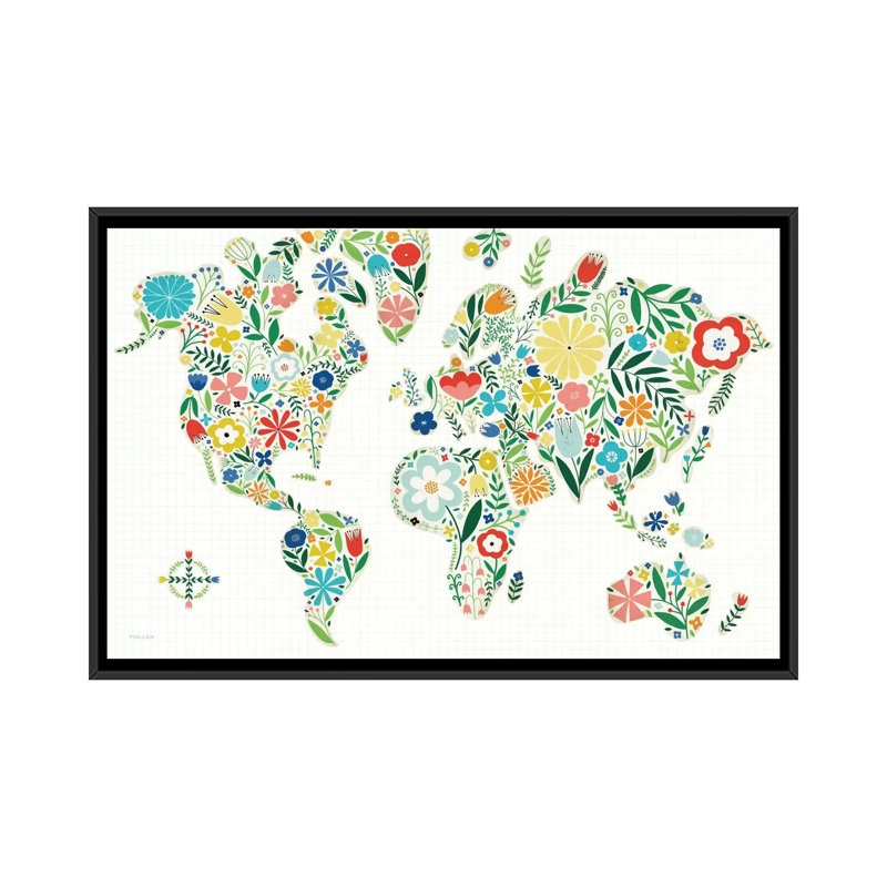 " Floral World Map " by Michael Mullan, Black Floater Framed Canvas, 26" W x 18" H x 1.5" D, No Mat