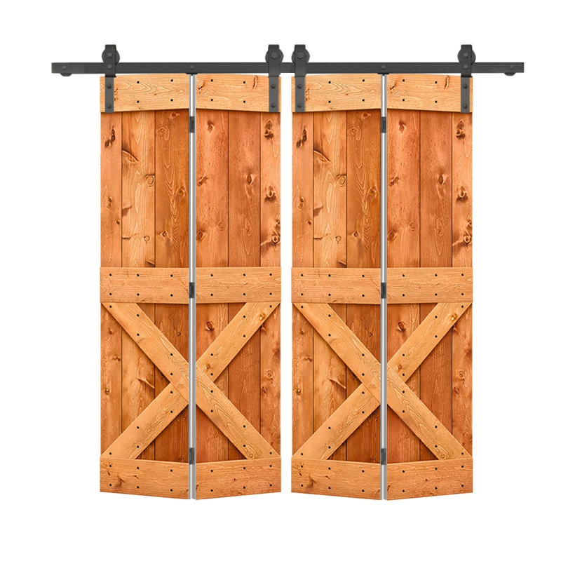 Porte de grange en bois 84 pliable avec trousse de quincaillerie d'installation, 68 po x 84 po, Noyer rouge