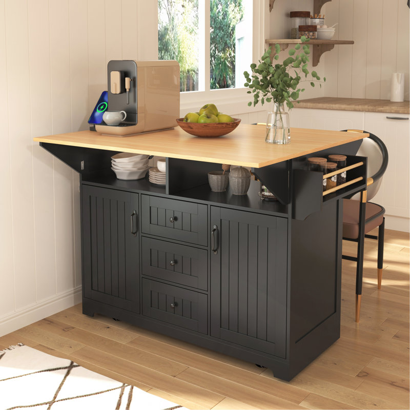Grand îlot de cuisine 55,7 po avec 2 abattants, chariot de cuisine roulant sur 5 roulettes avec prise de courant, table de salle à manger pliante avec porte-épices et porte-serviettes, 3 tiroirs, pour la cuisine, la salle à manger