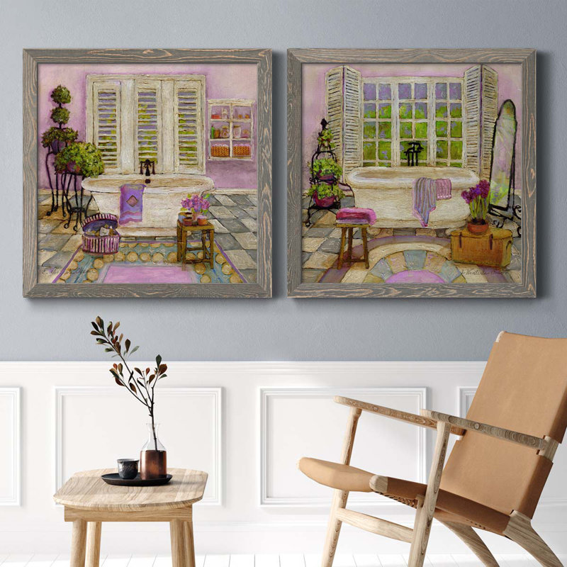 «Sunny Day Bath I», ensemble de 2 peintures sur toile encadrées, Encadré gris, H 27,5 po x l 55 po x P 1,5 po
