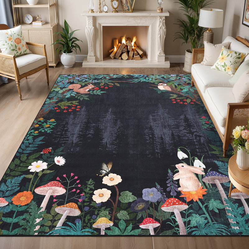 Tapis lavables Mushroom Jungle pour le salon, la chambre à coucher et la salle à manger, Black, Rectangle 6' x 9'