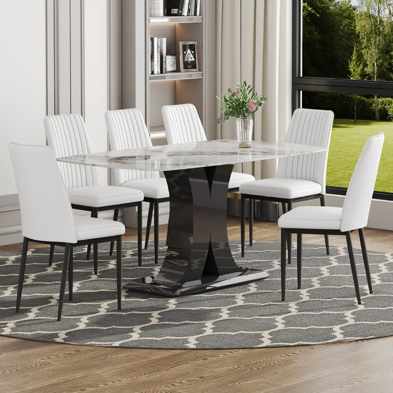 Ensemble de salle à manger 7 pièces en faux marbre | table de luxe pour 6 à 8 personnes avec base convertible | design blanc moderne avec 6 chaises
