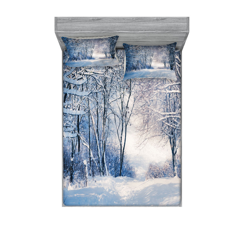Drap-housse et coussin décoratif Ambesonne Winter bleu noir blanc, Ensemble de draps pour très grand lit californien