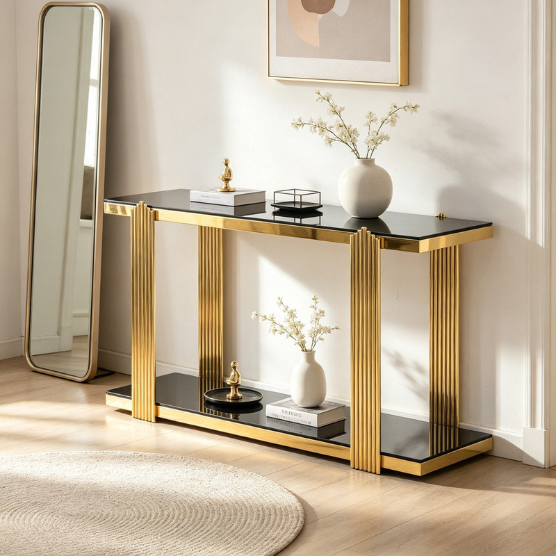 Console moderne en verre trempé doré et noir avec miroir, idéale pour un corridor ou un salon. Table d'appoint élégante et moderne. Table console en verre trempé doré et noir.