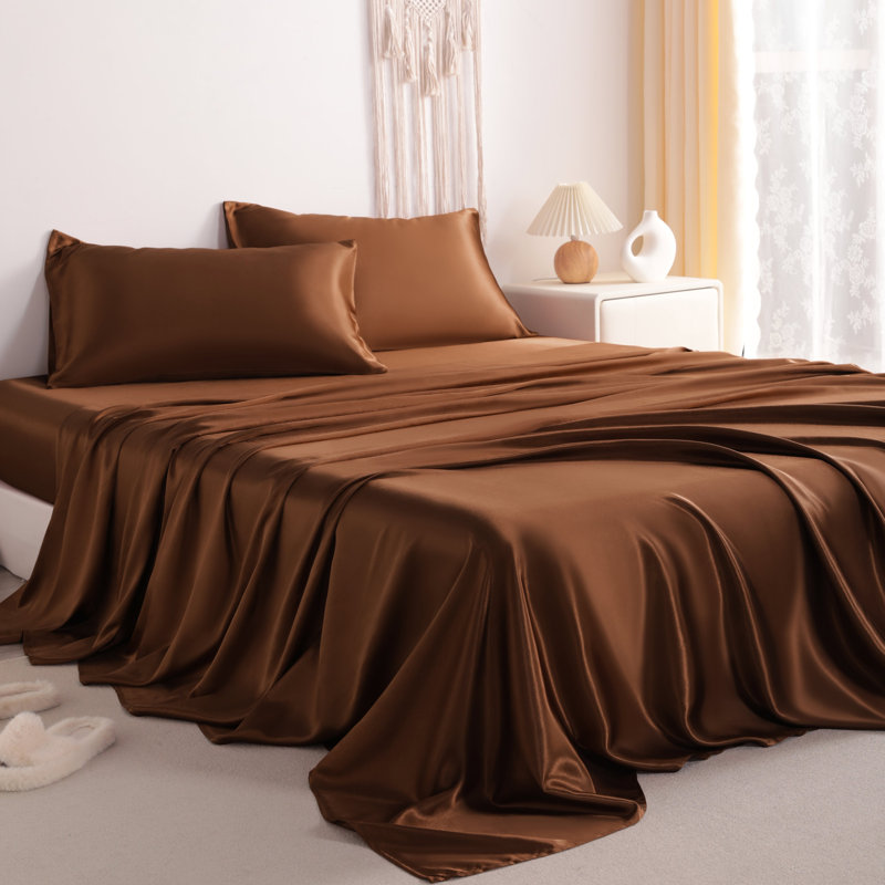 Lustrous Satin Bed Sheet Set Luxury Soft Durable, Brown, Full Sheet Set with 2 Pillowcases