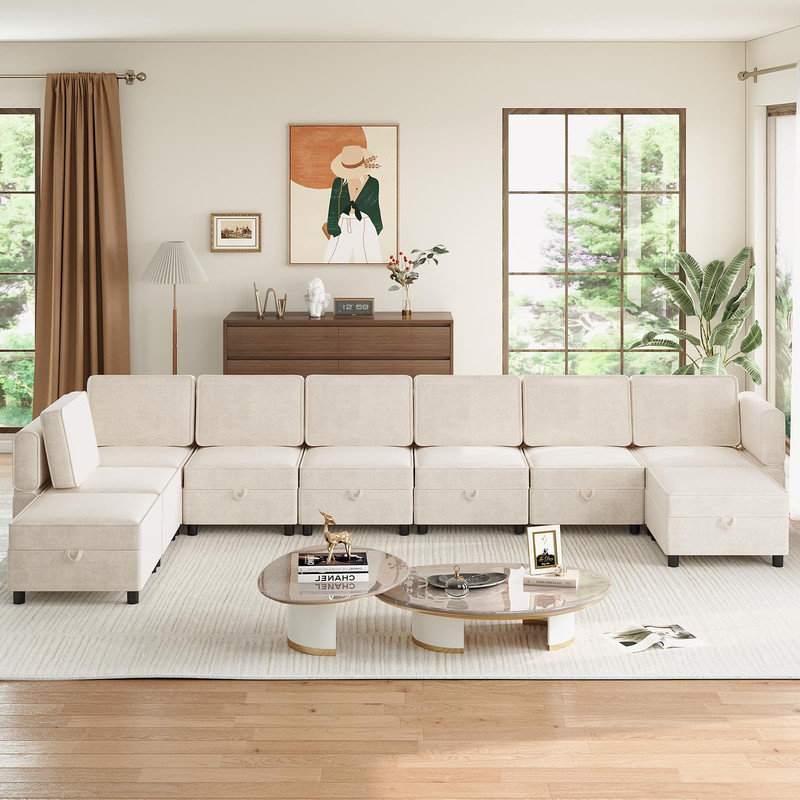 Canapé modulaire surdimensionné 9 places avec sièges de rangement et canapé-lit, surdimensionné, beige, Beige