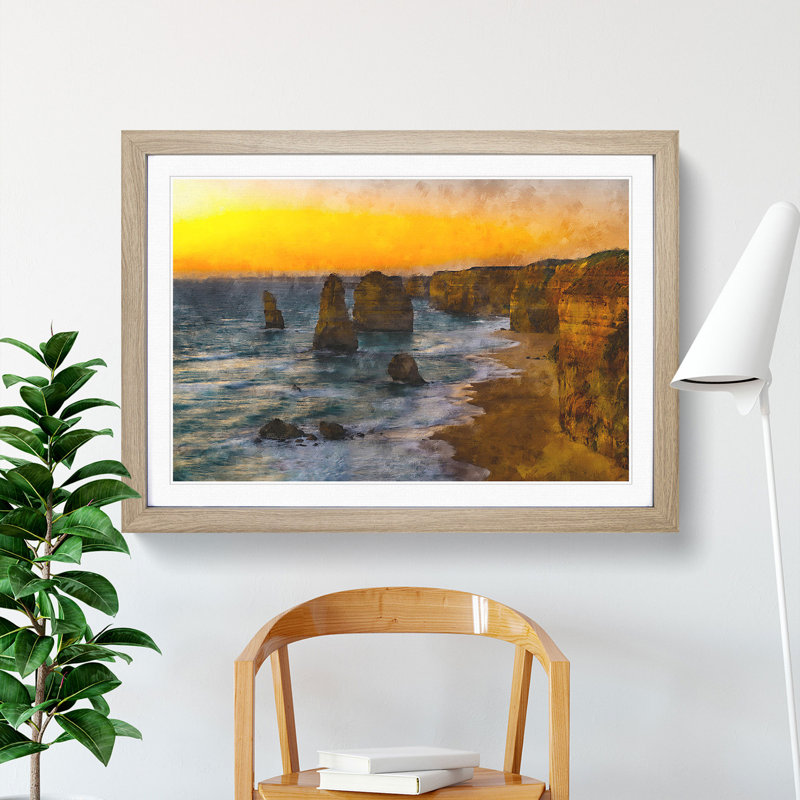 Sunset Over The Twelve Apostles - Single Picture Frame Painting on MDF, Oak Framed, 45cm H x 63cm W x 2cm D