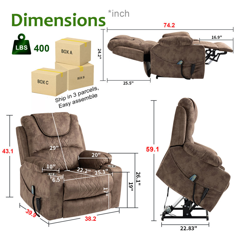 Brevik 38.2"W 180° Power Recliner Lift Chair with Cup Holders & Dual Remote Control