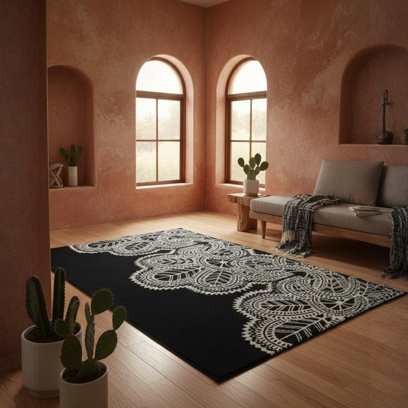 Tapis en cactus floral noir et blanc touffeté à la main Glyndia, Rectangle 5 pi x 7 pi 6 po