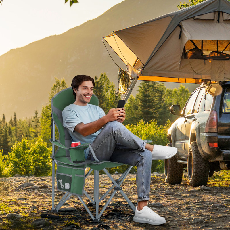 Outdoor Camping Chair, Portable Chair with Armrests, Cooler, Cup Holder & Storage Bag, Lightweight, Heavy Duty for Camping (Green 2 Pack)