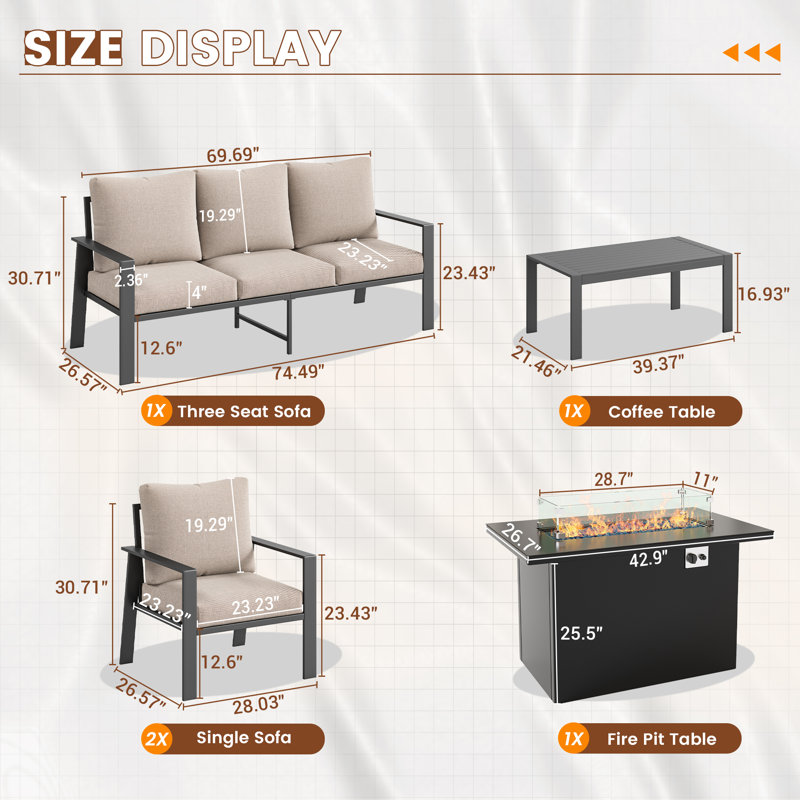 Ensemble de conversation d'extérieur en aluminium pour 5 personnes avec foyer et table basse, Beige, Oui