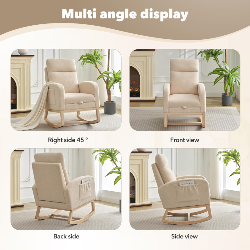Chaise berçante de chambre de bébé avec repose-pieds réglable, dossier haut de 26 po, poche latérale et base en bois robuste pour les pièces