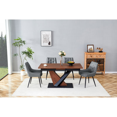 Table à gratter avec design extensible, + placage en bois, table de cuisine et de salle à manger moderne à base en croix en métal, extensible, plateau de table, pieds, noyer foncé