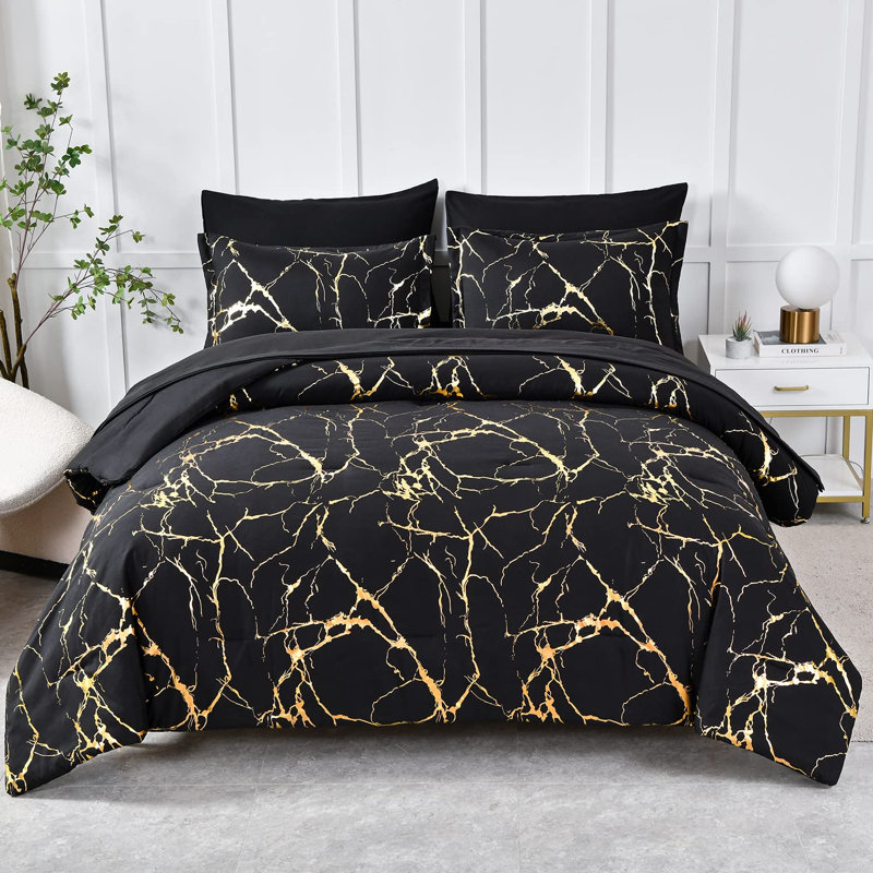 Metallic Marble Comforter Set,7 Piece Bed In A Bag, Queen Comforter + 6 Additional Pieces