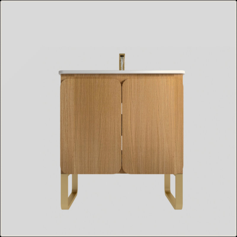 Meuble-lavabo mural autoportant de 30 po en bois clair avec lavabo en céramique, grand meuble de rangement 2 portes et support en métal pour salle de bain moderne, KD