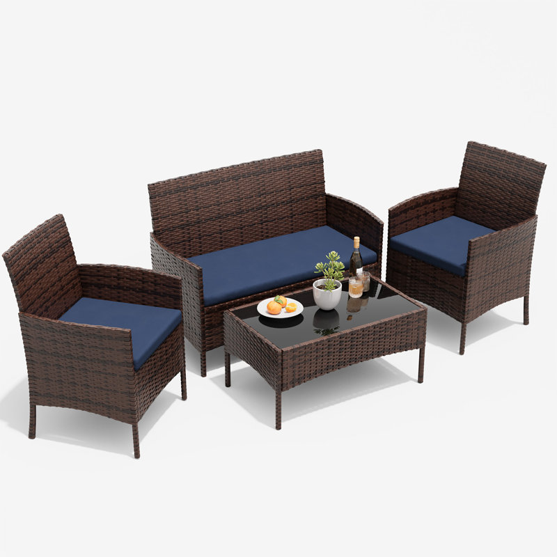 Ensemble de conversation d'extérieur en osier pour 4 personnes avec coussins et table basse, Bleu marine