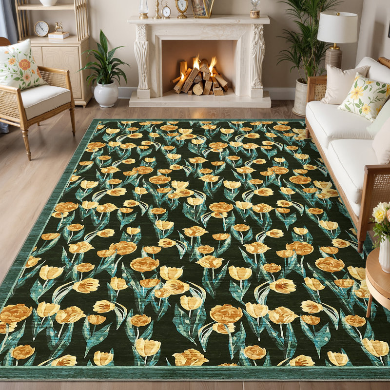 Washable Rug for Living Room 6x9 Modern Floral Bedroom Rug with Non-Slip Backing, Non-Shedding Soft Low Pile Floor Mats, Foldable Thin Indoor Carpet