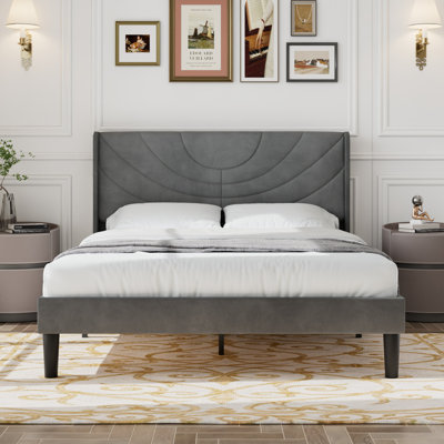 Structure de lit grand format en velours avec tête de lit à oreilles, lit plateforme tapissier avec tête de lit capitonnée à oreilles, support de lattes en bois massif, pas de sommier tapissier, silencieux, gris foncé