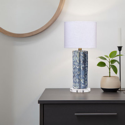 Flix Accent Table Lamp, White Linen, Blue Scalloped Ceramic