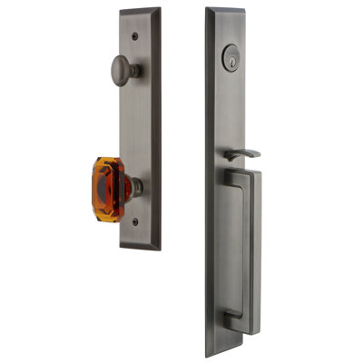 Fifth Avenue One-Piece Handleset with Single Cylinder Deadbolt and D Grip with Baguette Amber Knob