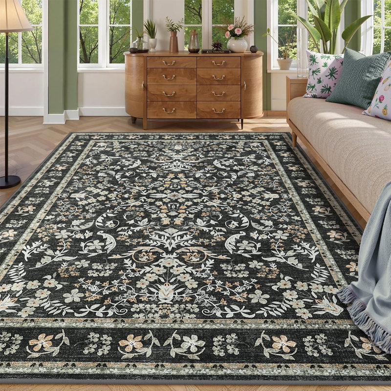 Washable Area Rug, Boho Floral Soft Rugs for Living Room, Non Slip Low Pile Carpet for Bedroom, Dining Room, Nursery, Hallway