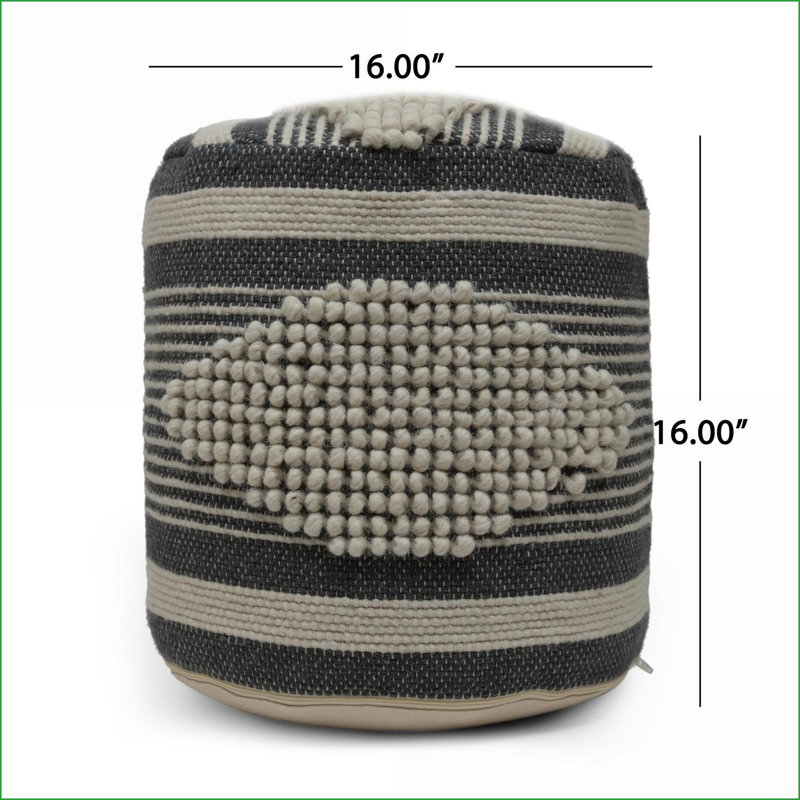 Pouf Ottoman Handcrafted Wool Cotton Beige Dark Gray 16x16x16 Cylindrical | Fabric | Dawn Grey