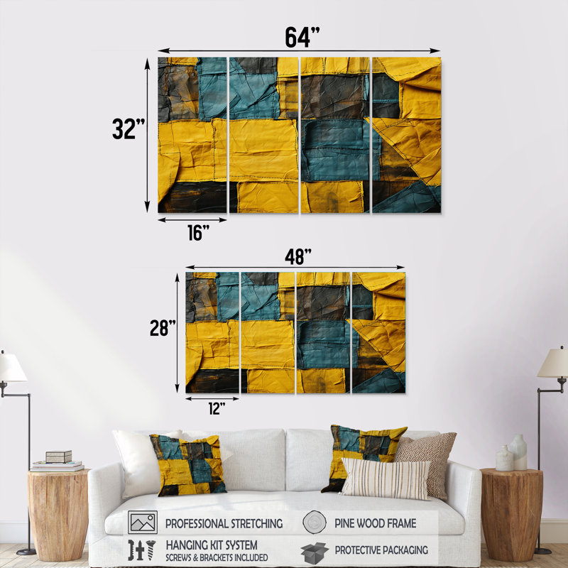 «Yellow and Green Abstract Cube Echoes - Abstract Collages», art mural 4 pièces, H 28 po x l 48 po