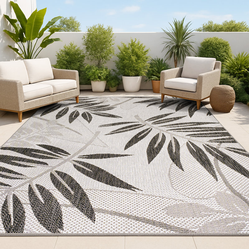 Roxby Tropical Palm Leaf Gray/Black Indoor/Outdoor Rug, Rectangle 5'3" x 7'7"
