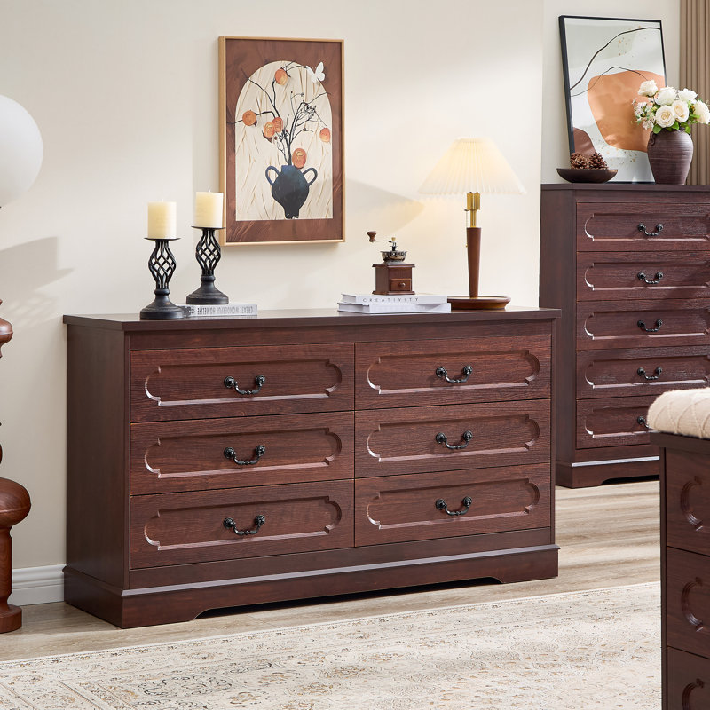 47.2'' Wide 6-Drawer Dresser, Farmhouse Wood Storage Chest with Curved Drawer and Metal Handles, Cherry Red