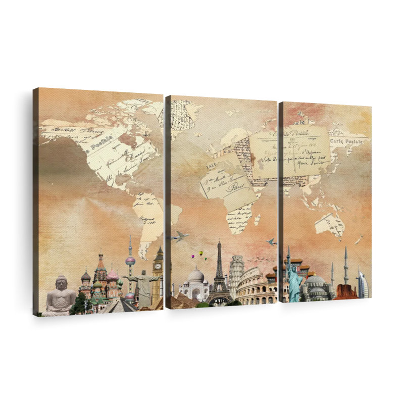 Carte postale, carte du monde, reproduction d'art sur toile, H 48 po x l 74 po x P 1,25 po
