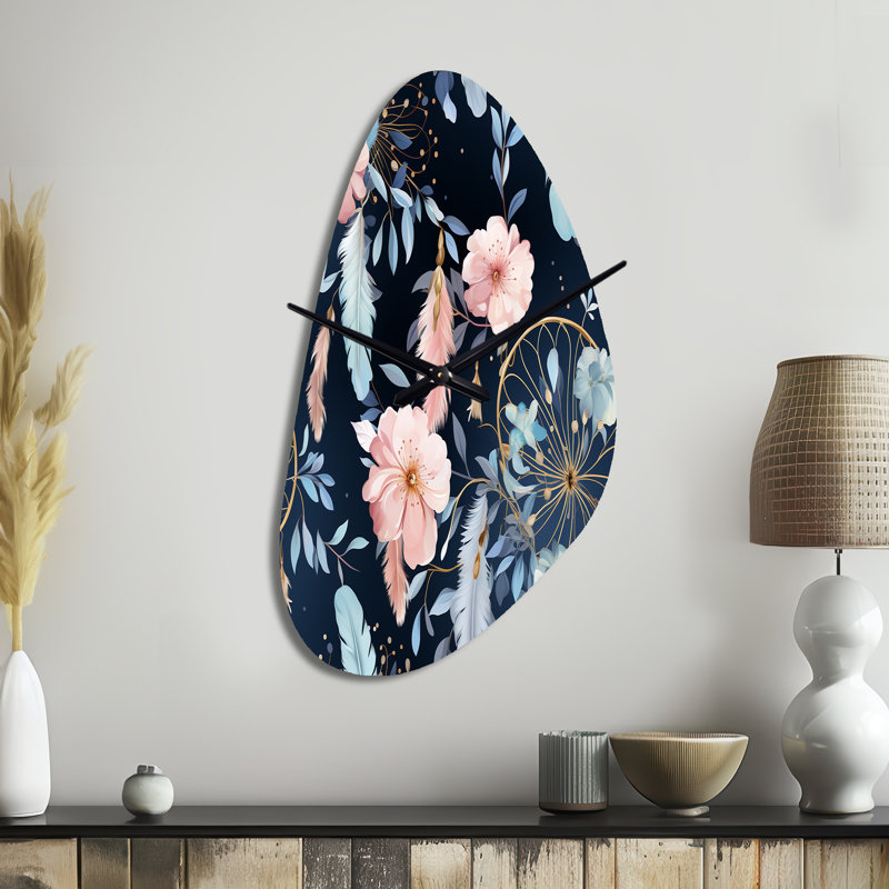 Ethereal Dreamcatchers Boho Pattern - Fall Shape Large Pink Wall Clock Sculpture, Medium