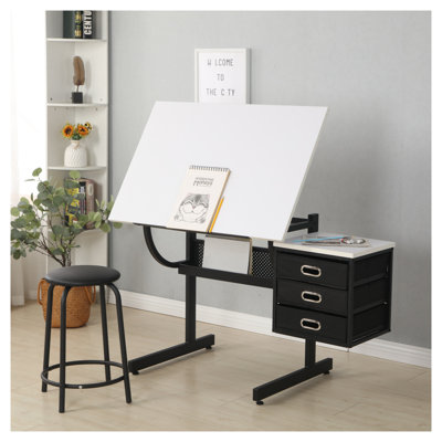 Adjustable Drafting Table with Storage Drawers and Stool - White Tabletop Drawing Desk for Crafting, Writing, Reading - Sturdy MDF & Metal Art Workstation