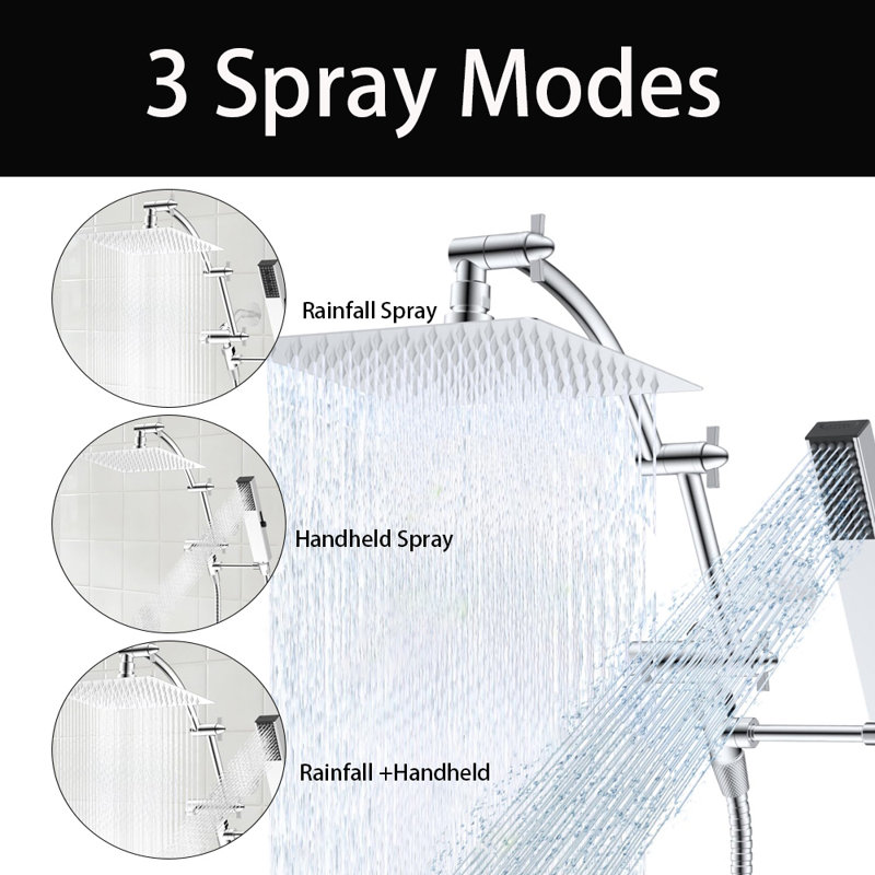 8'' Rainfall Shower Head, Dual Shower Head Combo, Adjustable Extension Arm, 71'' Hose, Chrome