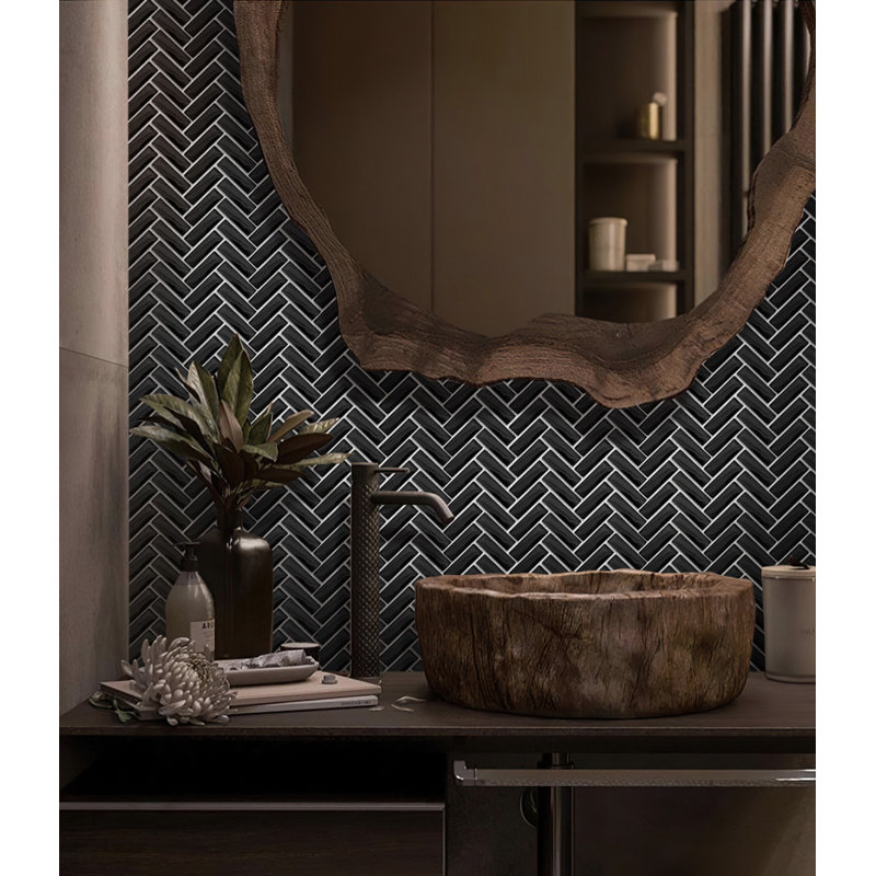 11"X 12.6" Herringbone Polished Glass Mosaic Tile, Black