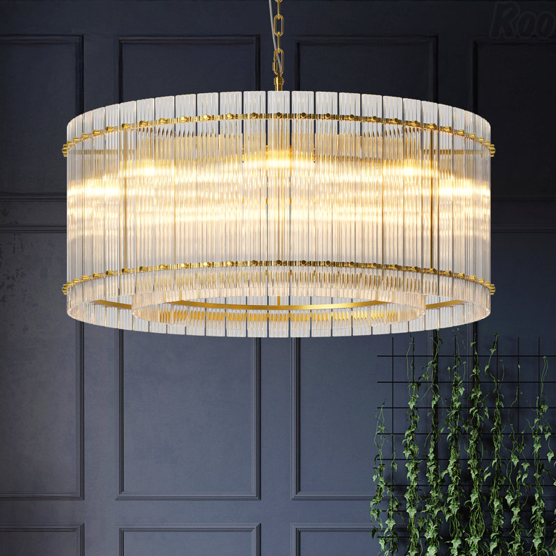 Lustre - 37 po, rond moderne à 2 étages avec 8 lumières en verre ondulé, Doré