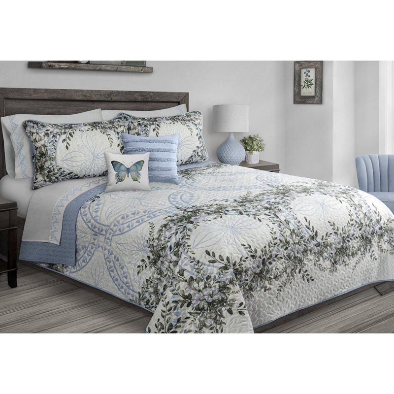 Garden Floral Quilt, King Quilt + 2 Shams, Blue