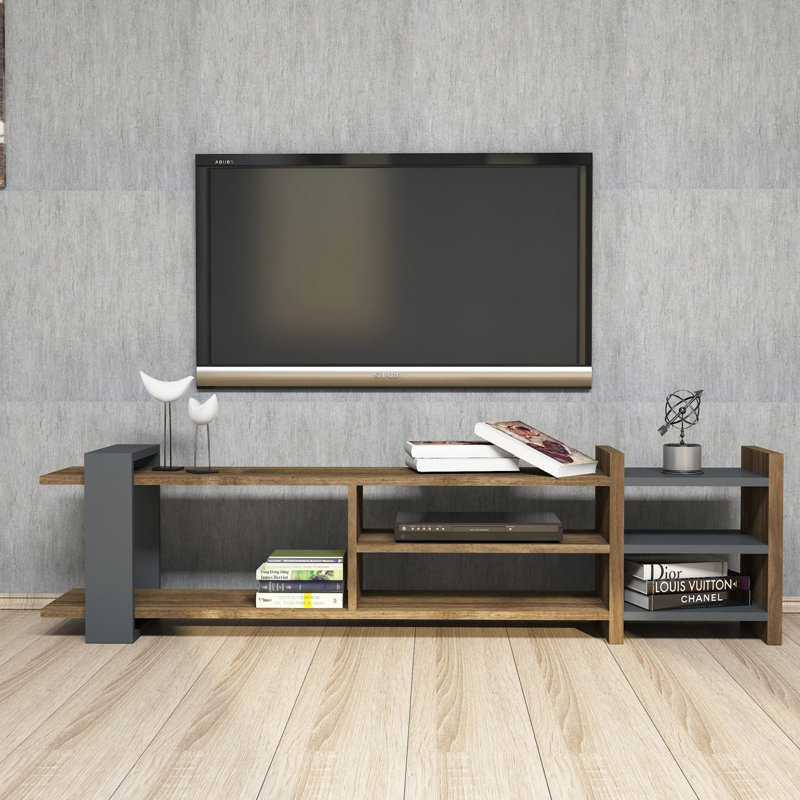 Meuble télé moderne avec nombreuses tablettes, finition noyer et anthracite, 61,4 po x 15,7 po x 15,6 po | 100% panneau de particules enduit de mélamine, épaisseur: 0,7 pouce | Solution de rangement élégante et fonctionnelle pour le salon