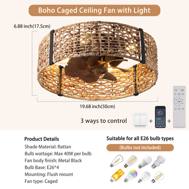 Chatrin 20" Handwoven Boho Rattan Caged Reversible Ceiling Fan With Light Kit and Remote Control
