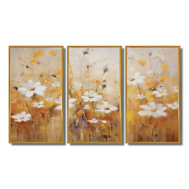Marguerite blanche blanche dans un champ de blé I - ensemble d'art mural fleurs sauvages, Cadre flottant doré