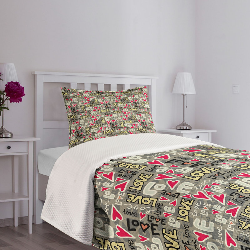 Ambesonne Love Bedspread Set  Retro Color Graffiti Texts  Multicolor, Twin Coverlet / Bedspread + 1 Standard Shams