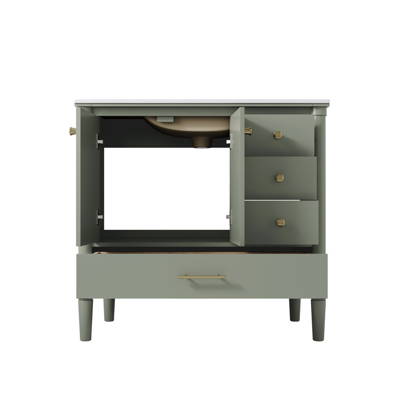 Meuble-lavabo en bois massif de 34,1 po de hauteur avec lavabo en céramique Cupc, charnières à fermeture en douceur et poignées en aluminium anodisé doré