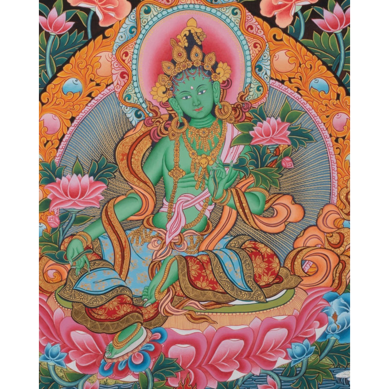 Green Tara Thangka Painting Newari Style (Brocadeless Thangka)