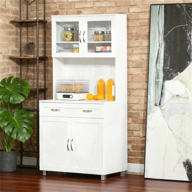 Armoire de cuisine autoportante avec rangement spacieux, tablettes réglables et portes en verre encadrées pour un décor moderne