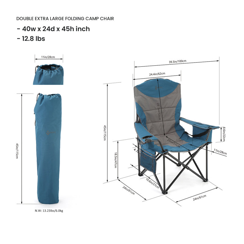 XXL Blue and Gray Padded Folding Camping Chair with Armrests