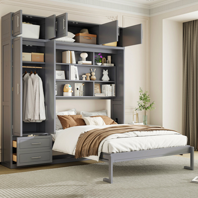 Lit escamotable mural avec bureau, armoire supérieure et tablettes de rangement, lit pliable peu encombrant, Gris