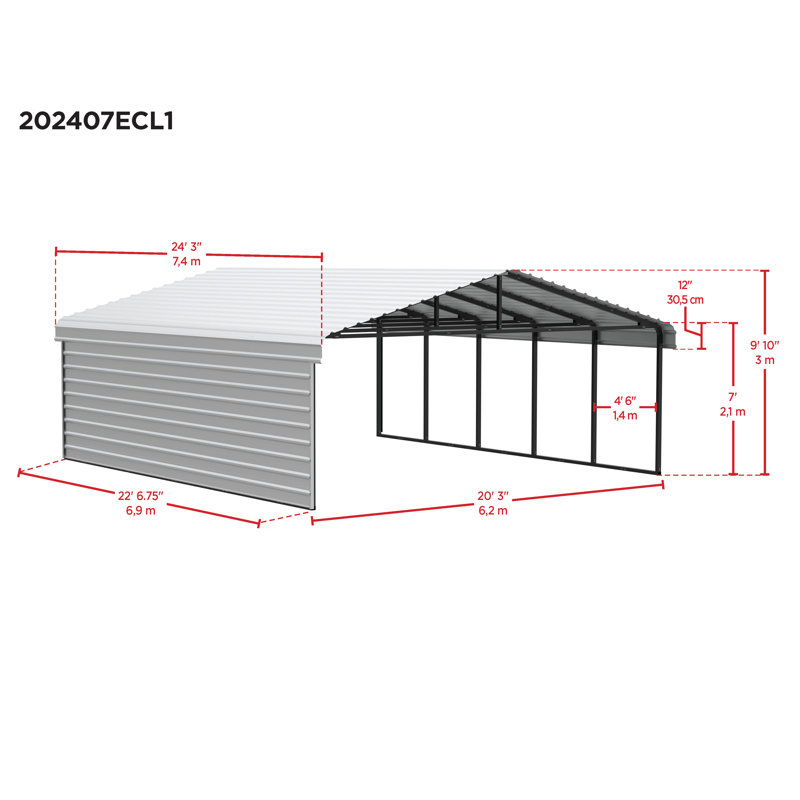 Abri d'auto en acier avec 1 paroi latérale, 20 x 24 x 7, Noir